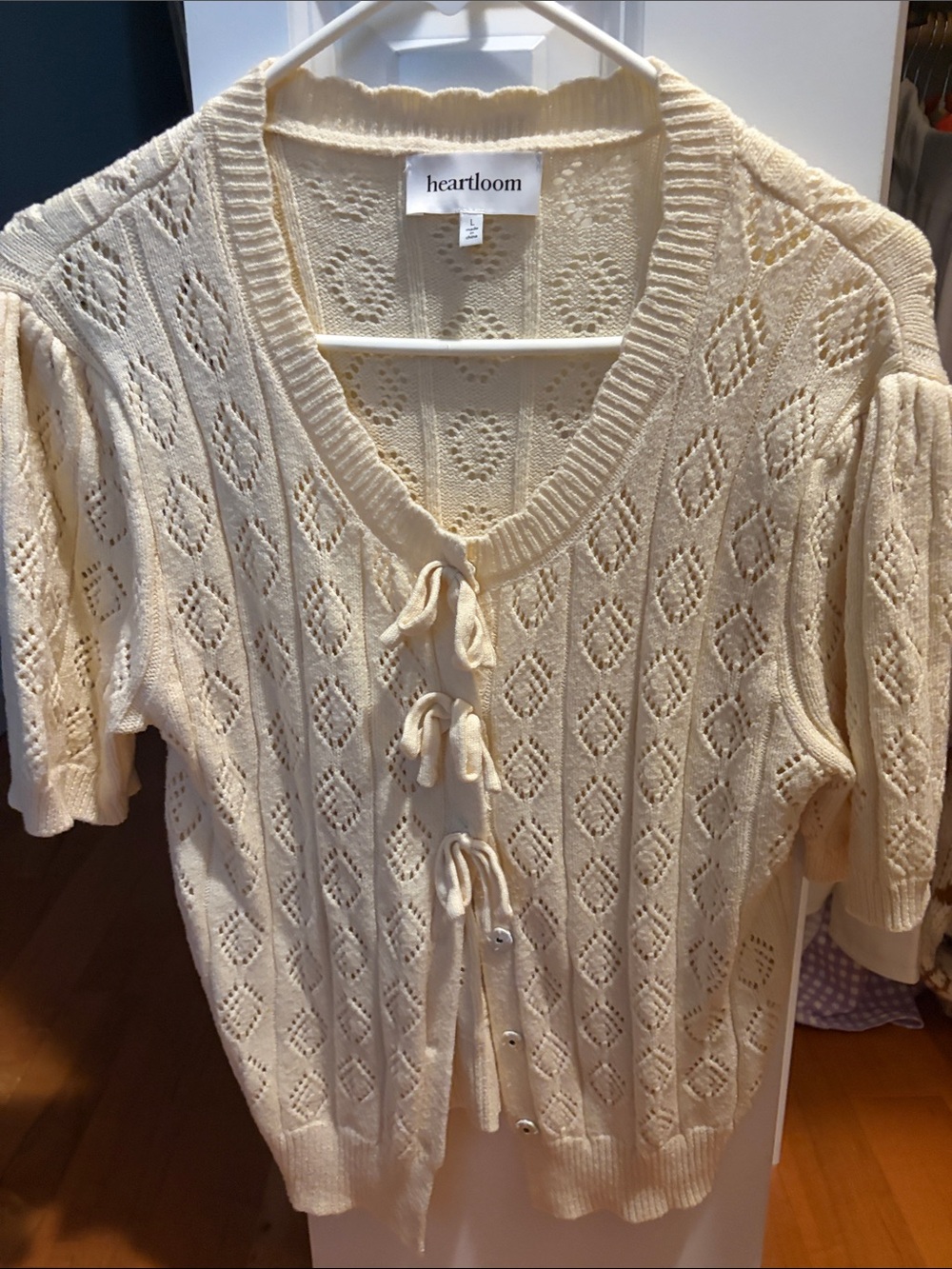 Heartloom Cream Openwork Tie-Front Short Sleeve Cardigan